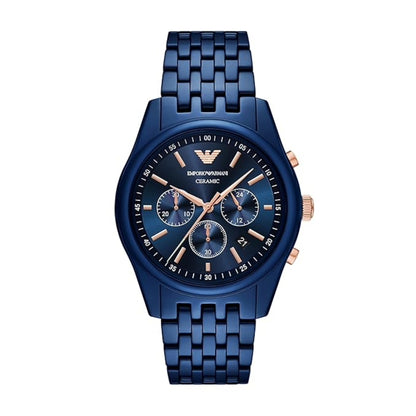 Blue Emporio Armani watch with a detailed face on a white background