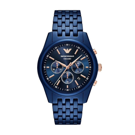 Blue Emporio Armani watch with a detailed face on a white background
