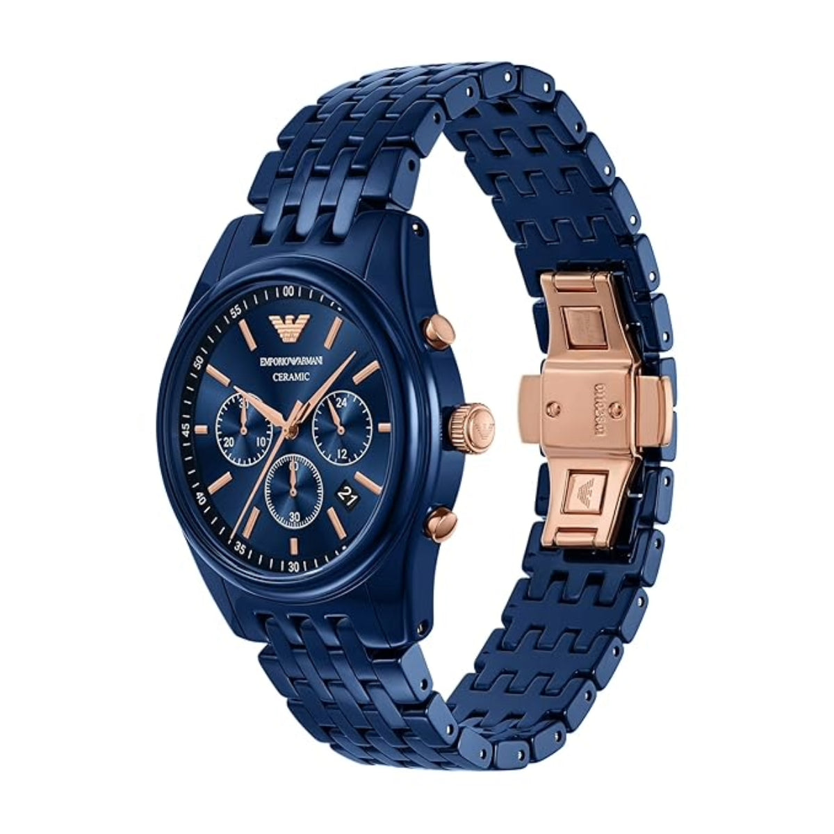 Blue Emporio Armani watch with rose gold accents on a white background