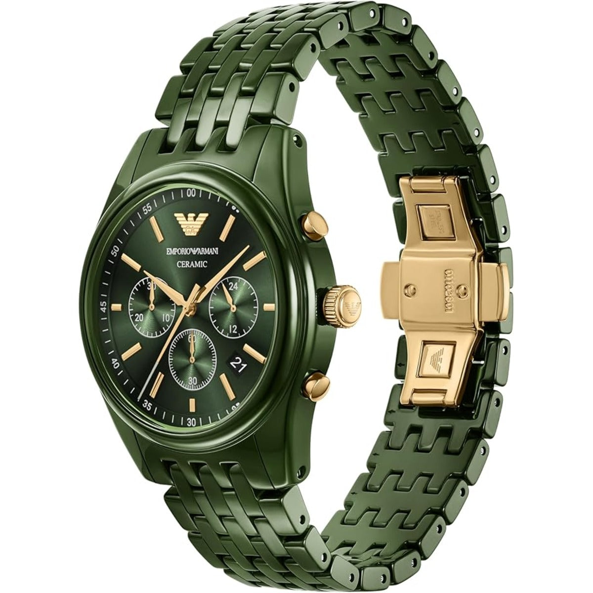 Green watch with gold accents on a white background