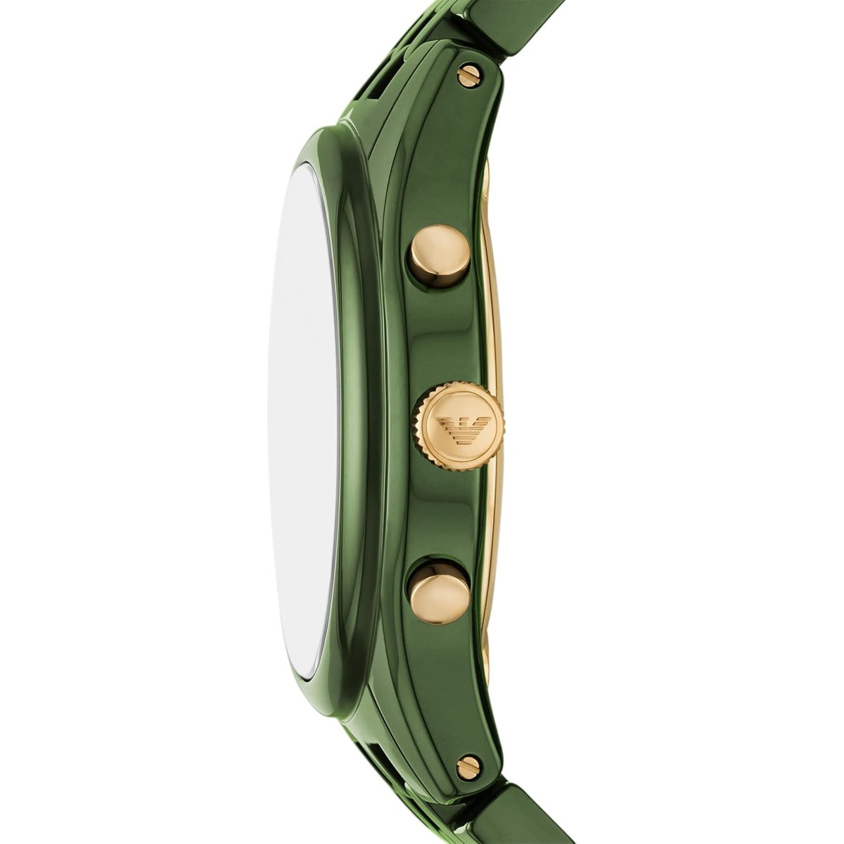 Green watch with gold accents on a white background