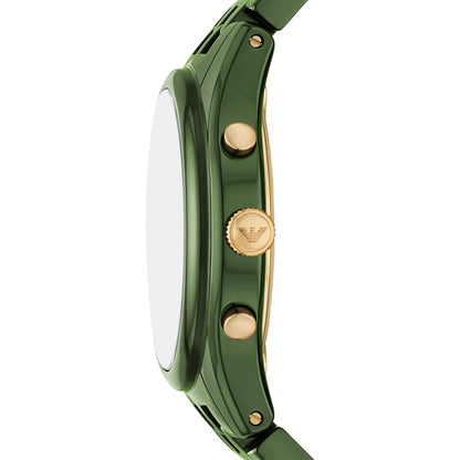 Green watch with gold accents on a white background