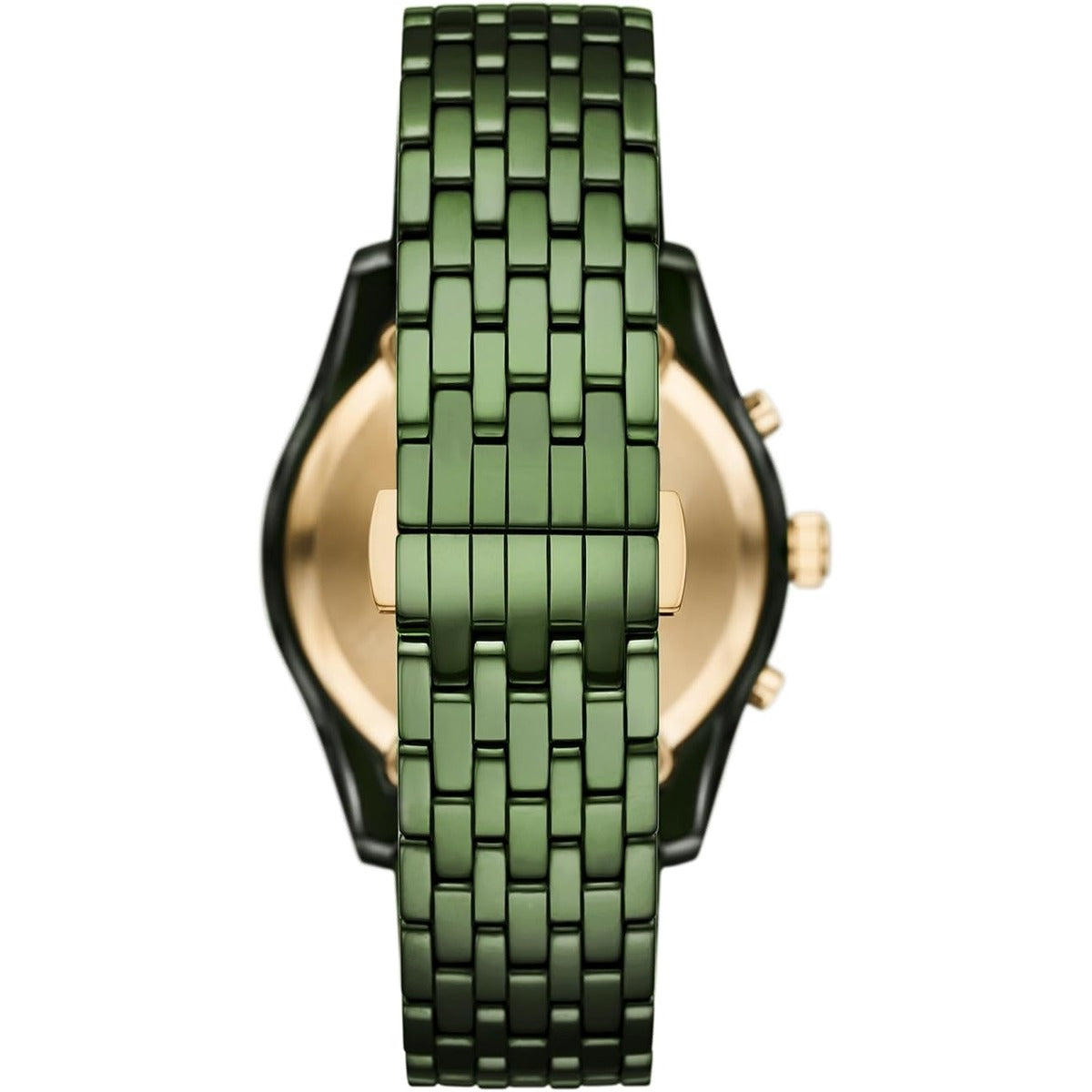 Watch with green metal strap and gold case on a white background