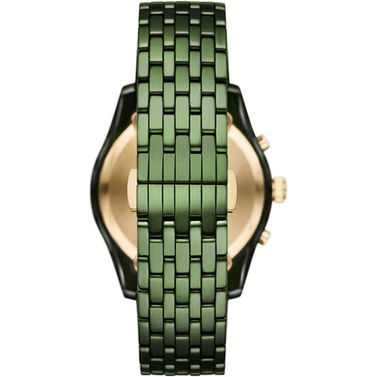 Watch with green metal strap and gold case on a white background