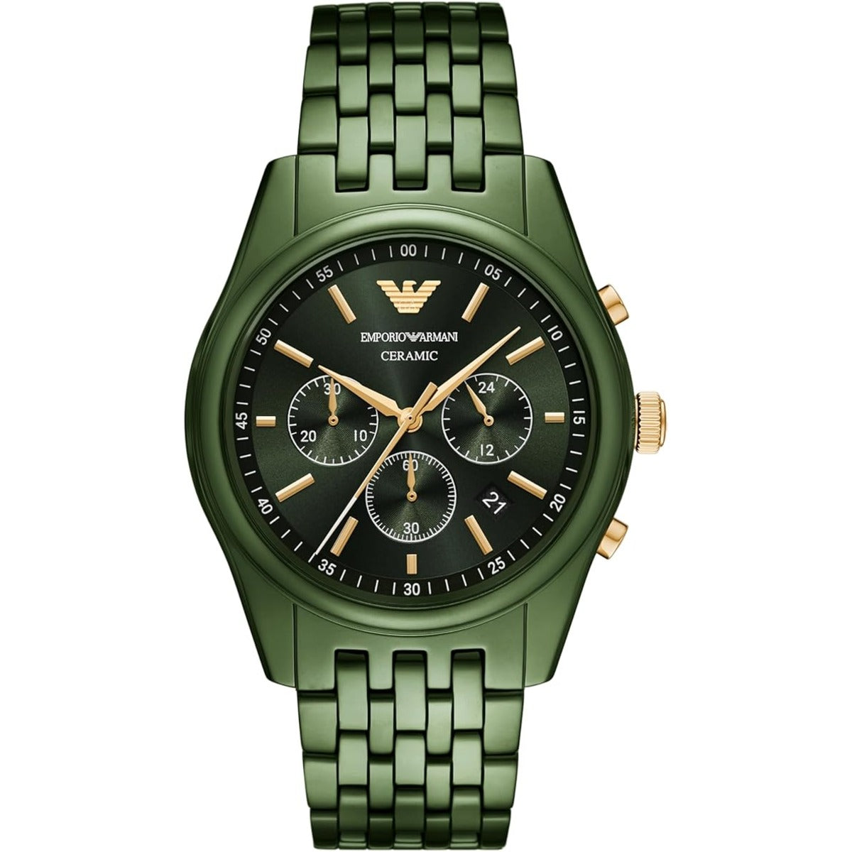 Green Emporio Armani watch with detailed face on a white background