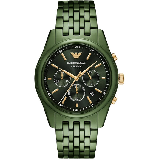 Green Emporio Armani watch with detailed face on a white background