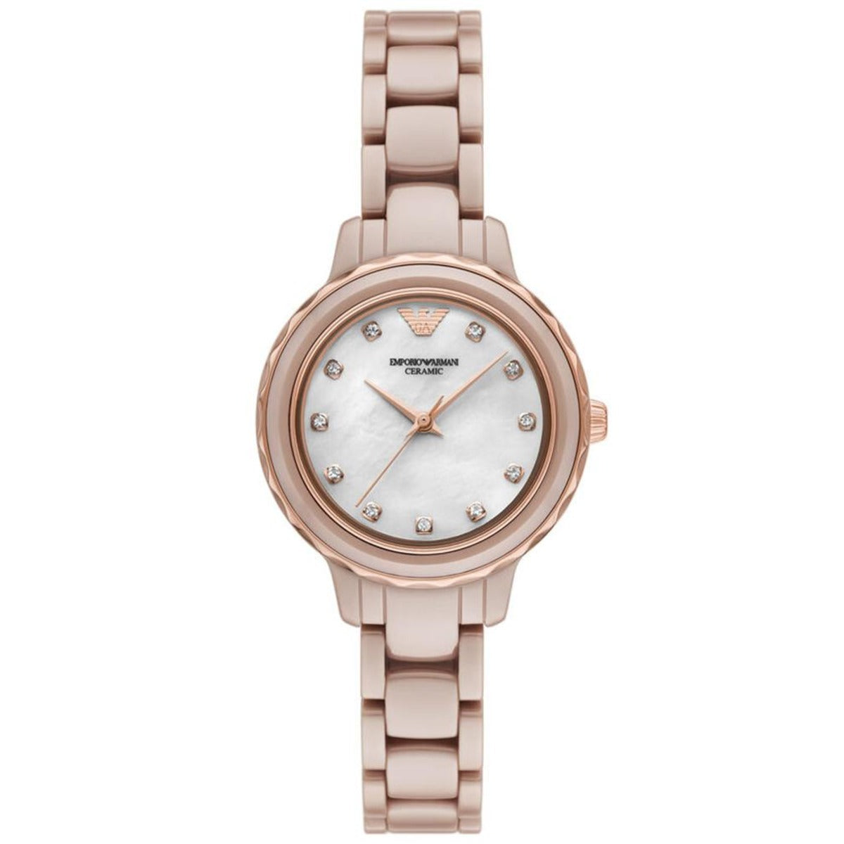 Rose gold watch with a white face on a white background