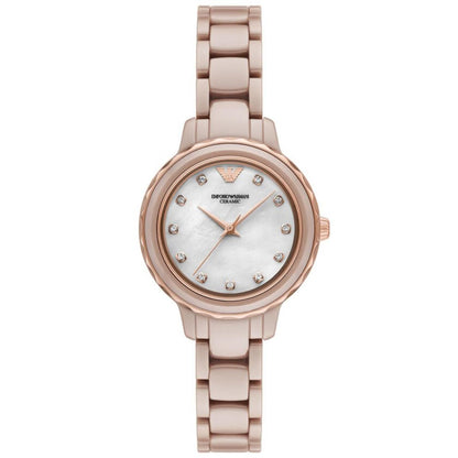 Rose gold watch with a white face on a white background