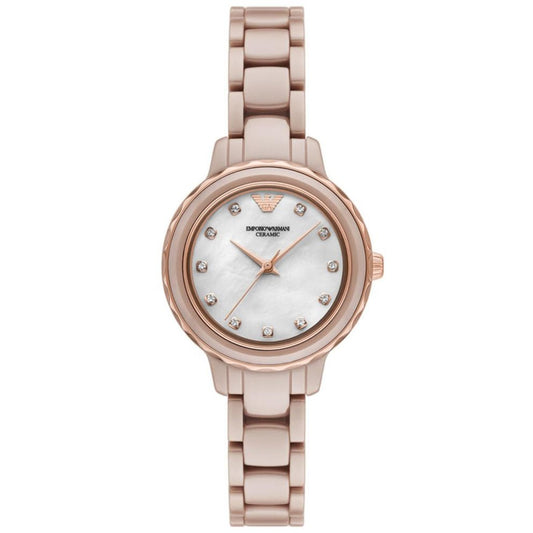 Rose gold watch with a white face on a white background