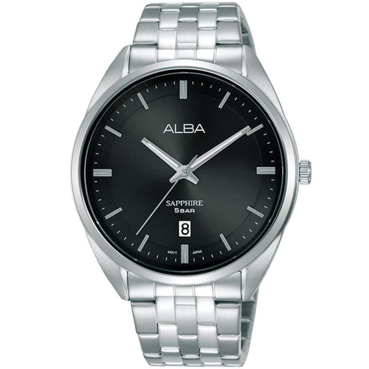 Silver watch with black dial and 'Alba' branding on a white background