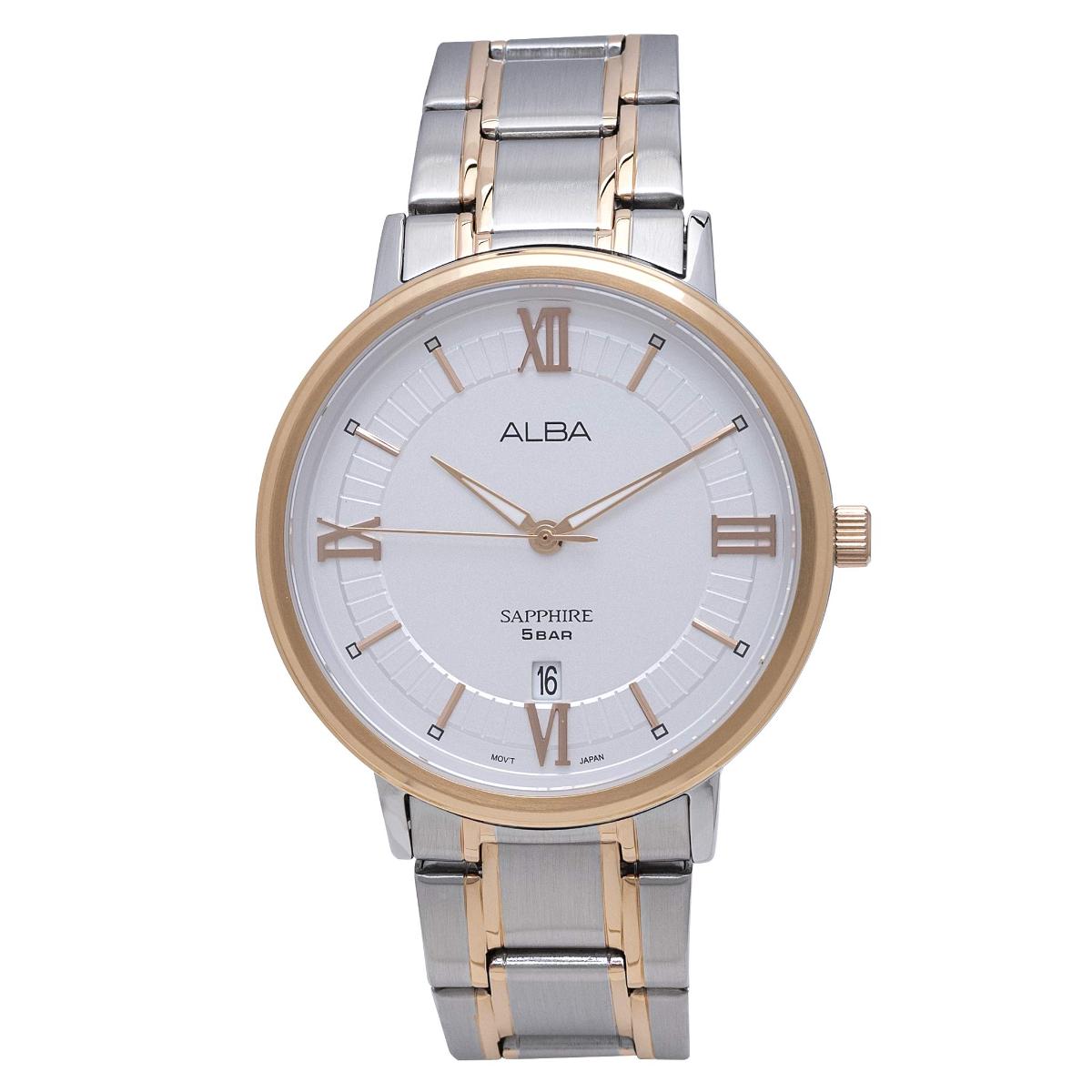 Two-tone watch with silver and rose gold band on a white background, featuring the brand 'Alba'.