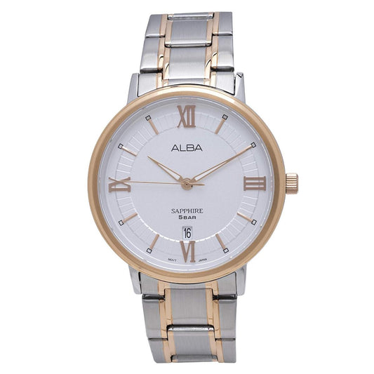 Two-tone watch with silver and rose gold band on a white background, featuring the brand 'Alba'.