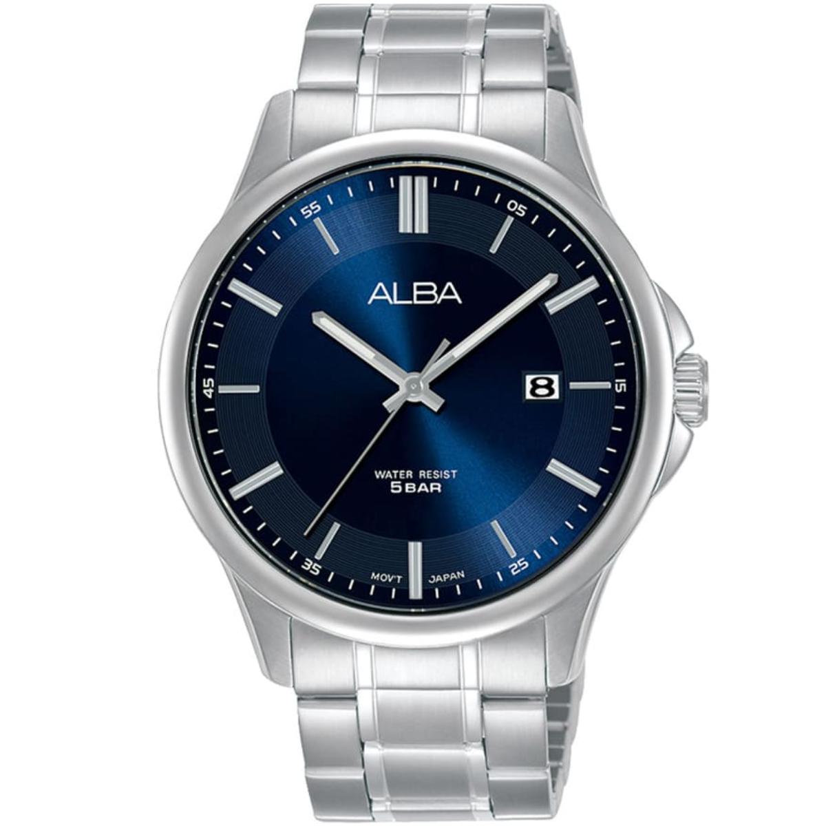 Silver watch with blue dial on a white background