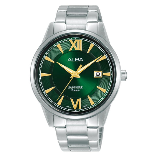Silver watch with green dial and gold accents on a white background