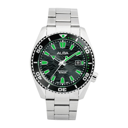 ALBA Black Surf Dial with Black+Green Rotating Bezel Men's Watch - AS9R75X1