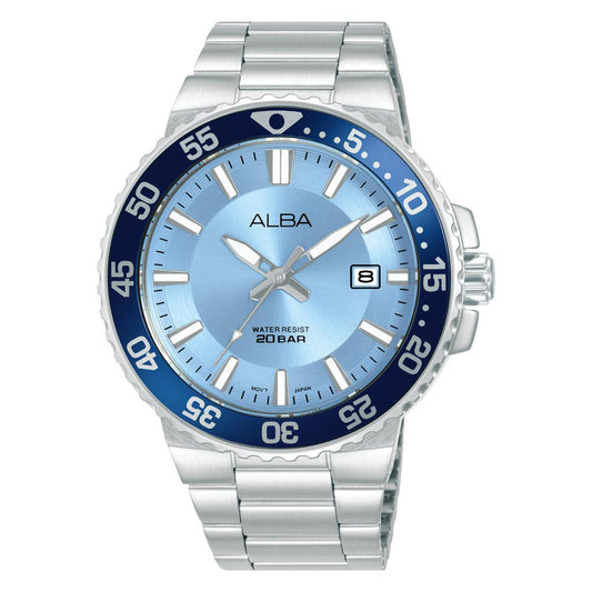 Silver watch with blue dial on a white background