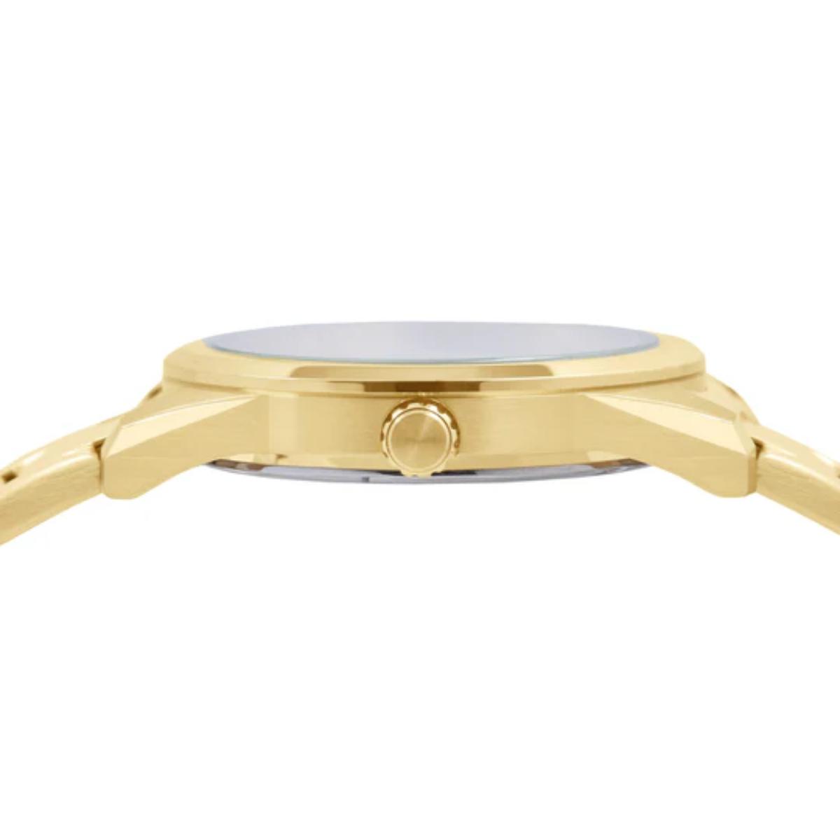 Gold watch with a white background