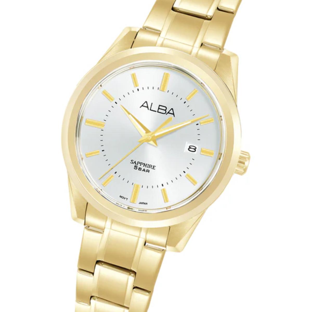 Gold watch with white face and 'Alba' branding on a white background