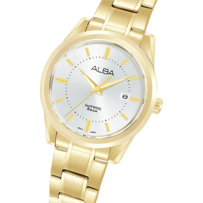 Gold watch with white face and 'Alba' branding on a white background