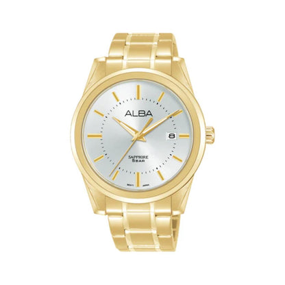 Gold watch with white face and 'Alba' branding on a white background