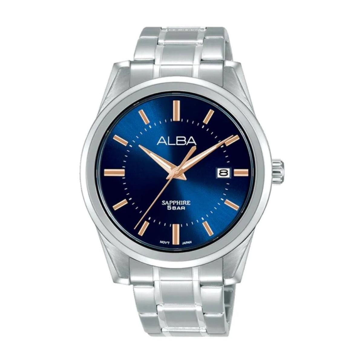 Silver watch with a blue dial on a white background