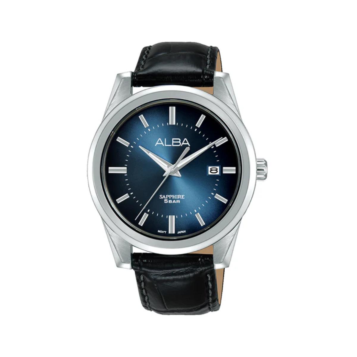 Alba watch with black leather strap and blue dial on a white background