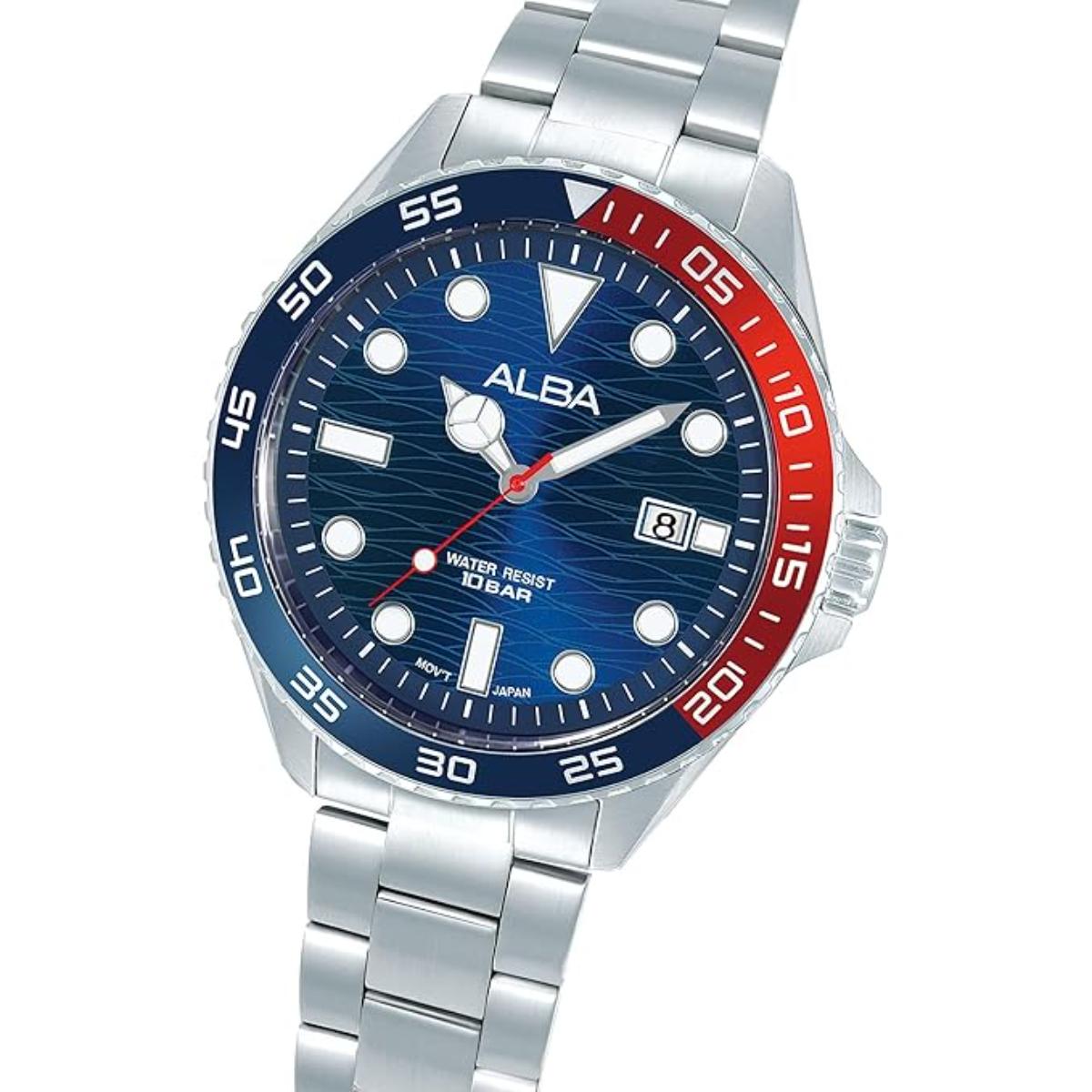 Alba watch with blue and red dial on a white background