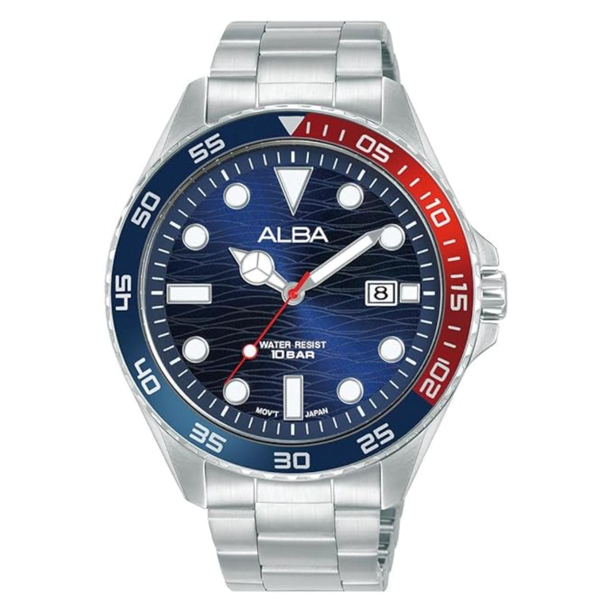 Alba watch with blue face and silver metal strap on a white background