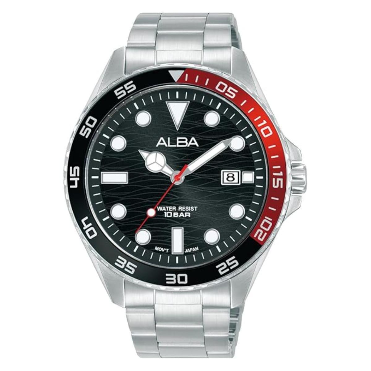 Alba watch with black face, red accents, and silver metal strap on a white background