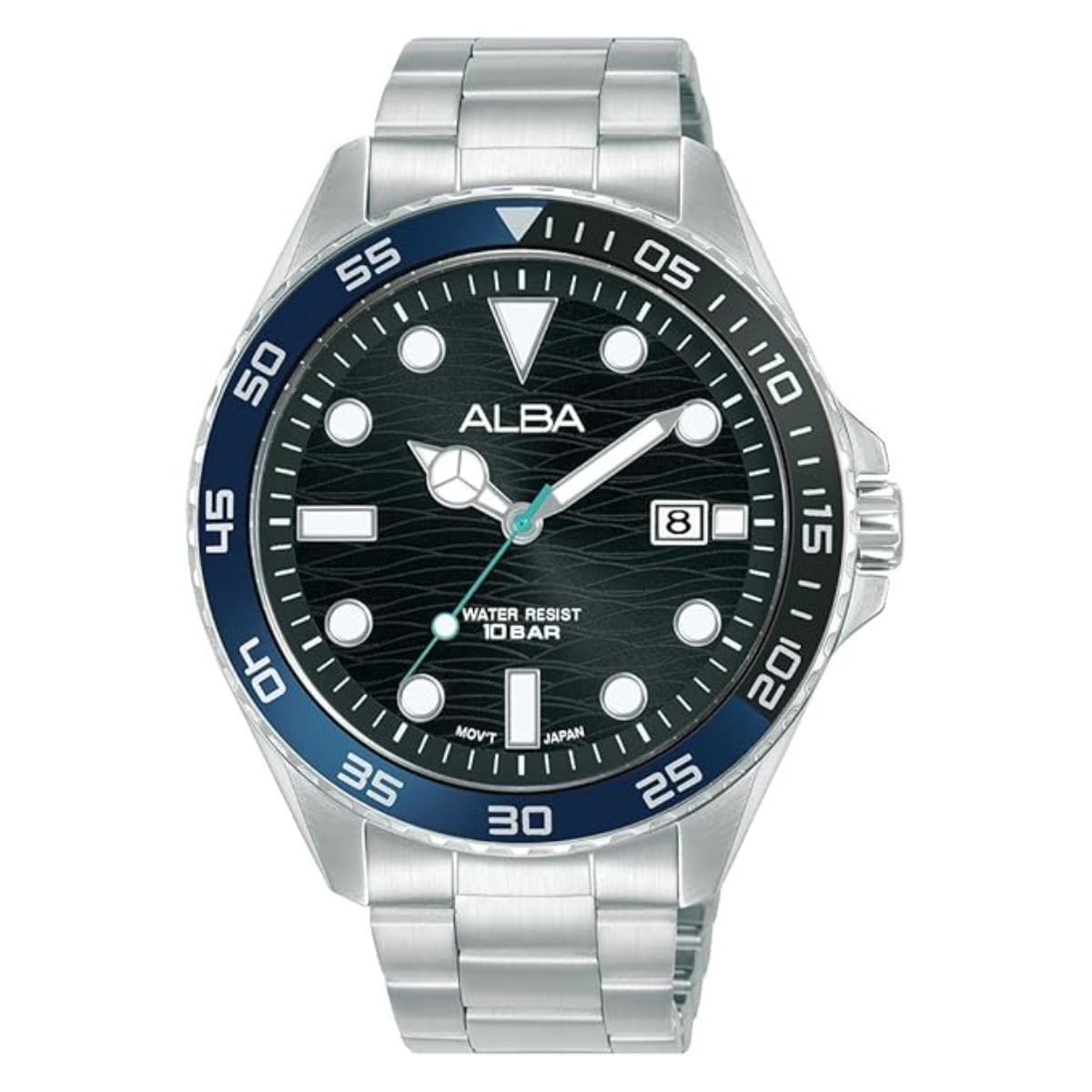 Alba watch with black dial and silver metal strap on a white background