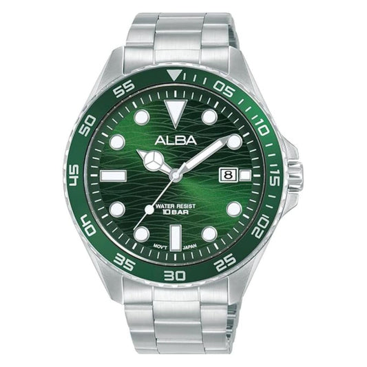 Green watch with silver case and band on a white background