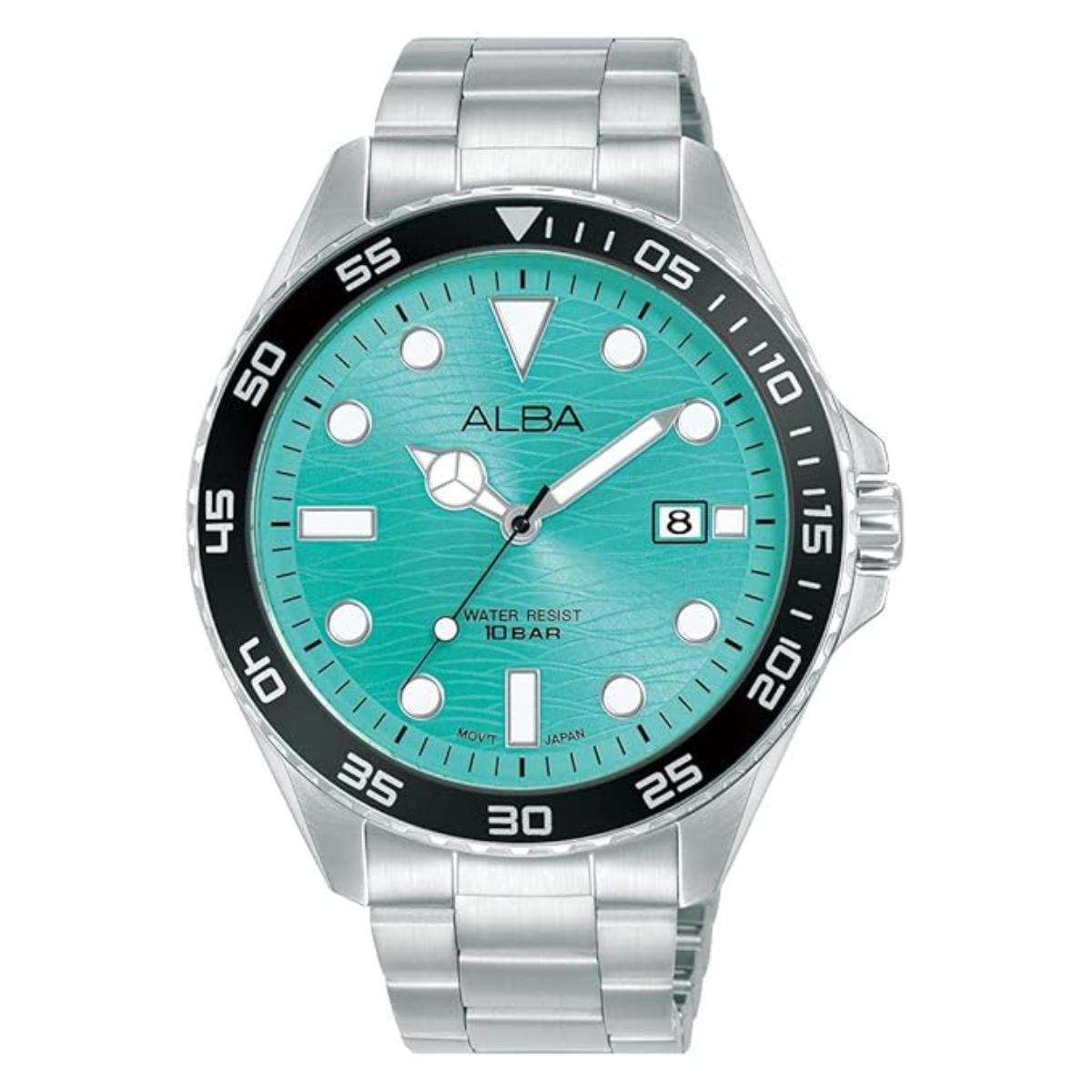 Silver watch with a green face on a white background