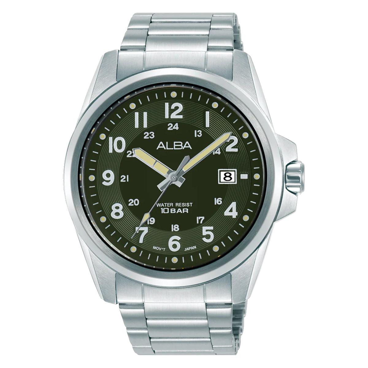 Silver watch with a black dial on a white background
