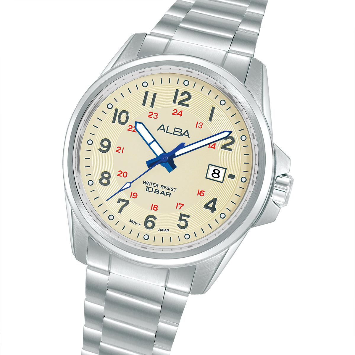 Silver watch with a beige dial on a white background