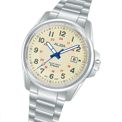 Silver watch with a beige dial on a white background
