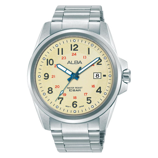 Silver watch with beige dial on a white background