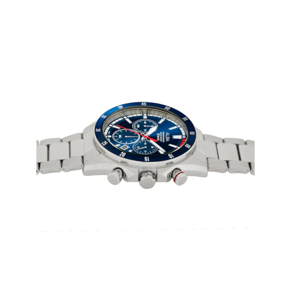 Watch with blue dial and silver metal strap on a white background
