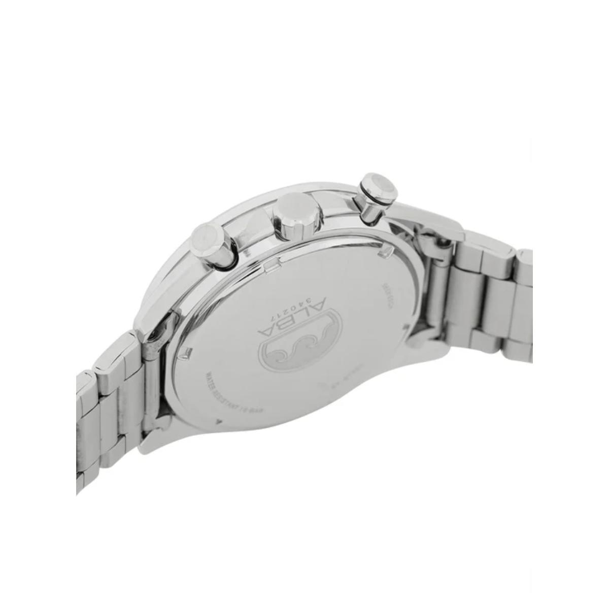 Silver watch with brand logo on a white background