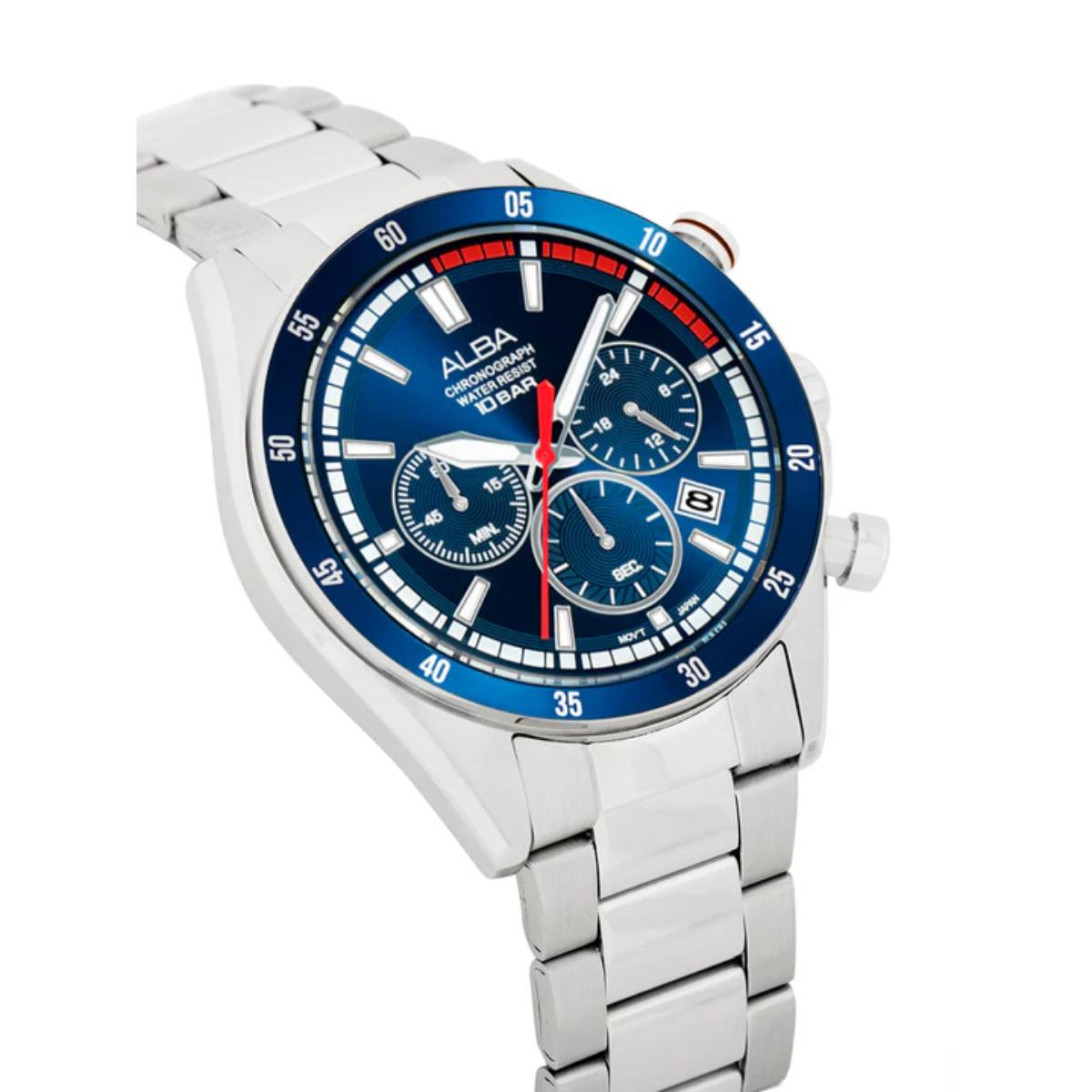 Silver watch with a blue face on a white background
