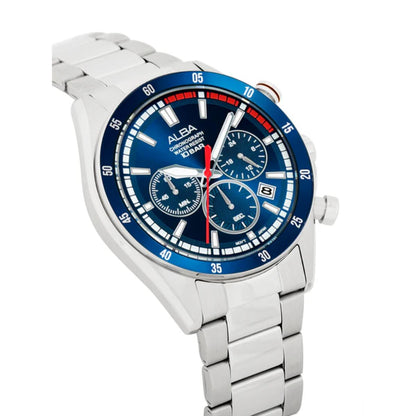 Silver watch with a blue face on a white background