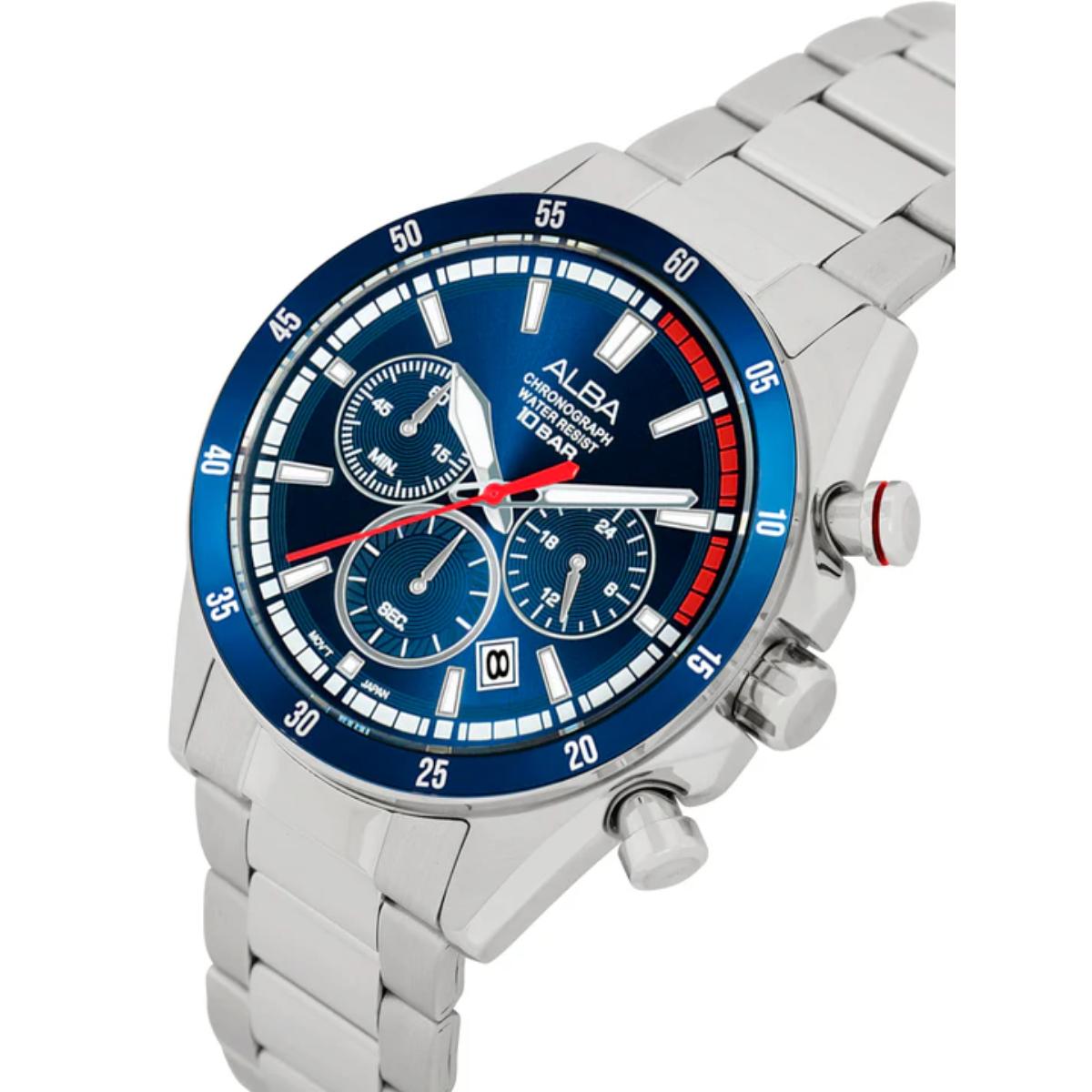 Silver watch with blue dial and red accents on a white background
