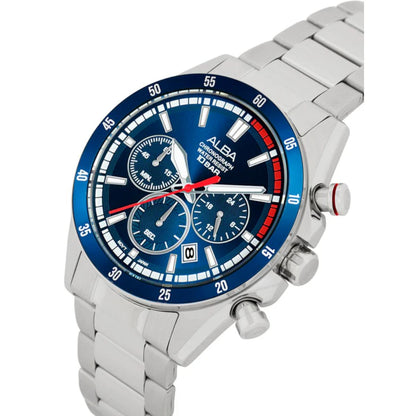 Silver watch with blue dial and red accents on a white background