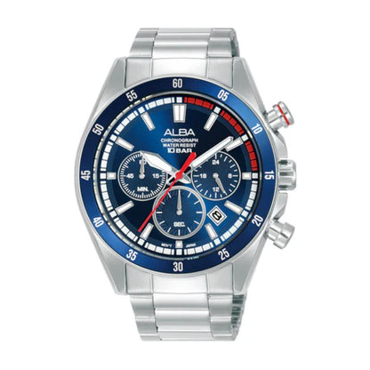 Silver watch with a blue face on a white background