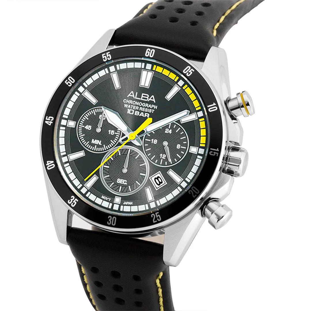 ALBA Midnight Black Dial with Leather Strap Chronograph Men Watch AT3J33X1