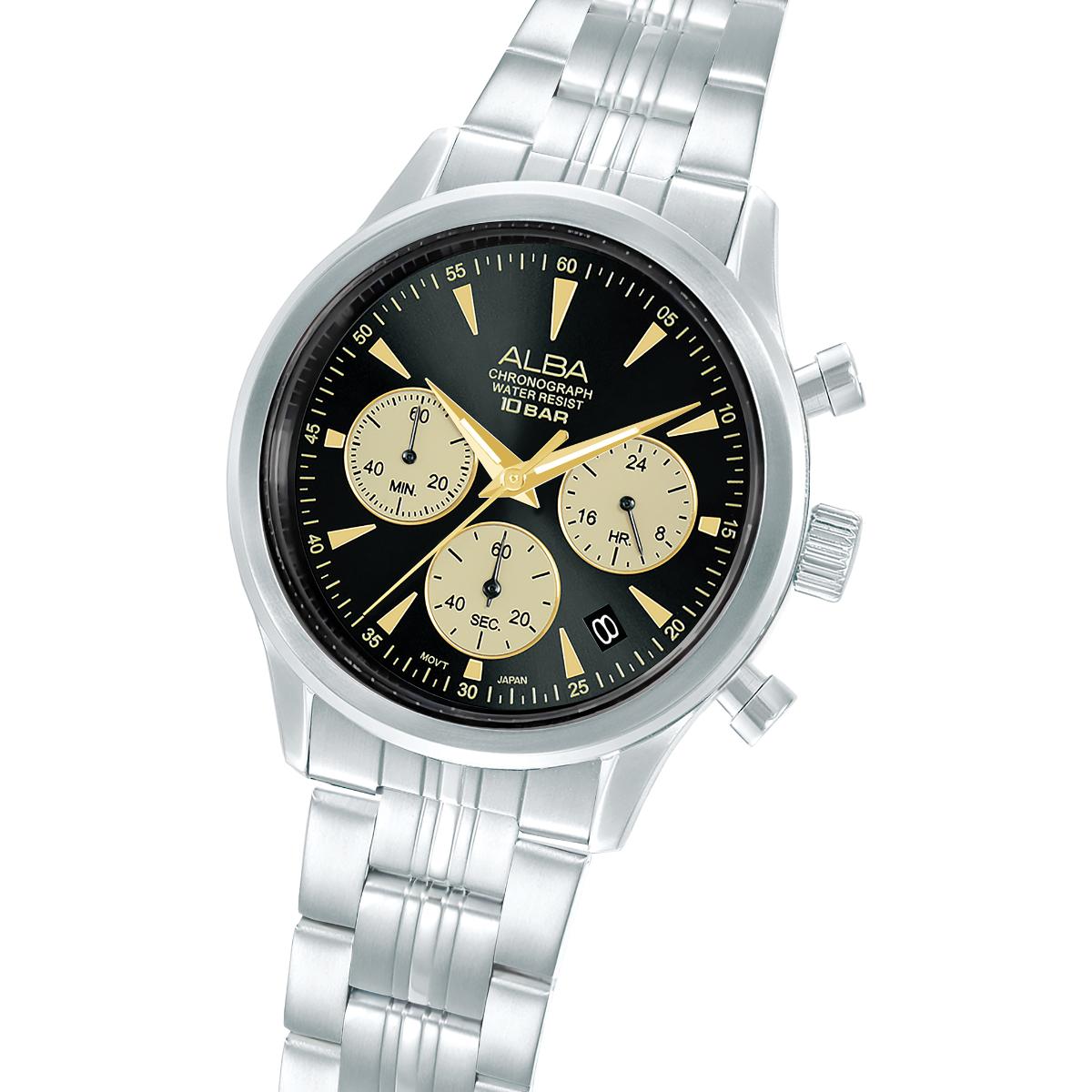 Silver watch with black dial on a white background