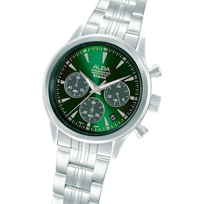 Silver watch with a green face on a white background