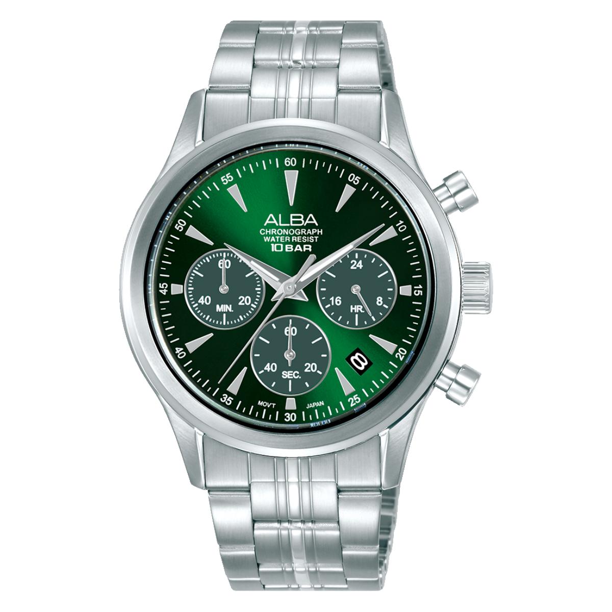 Silver watch with green dial on a white background