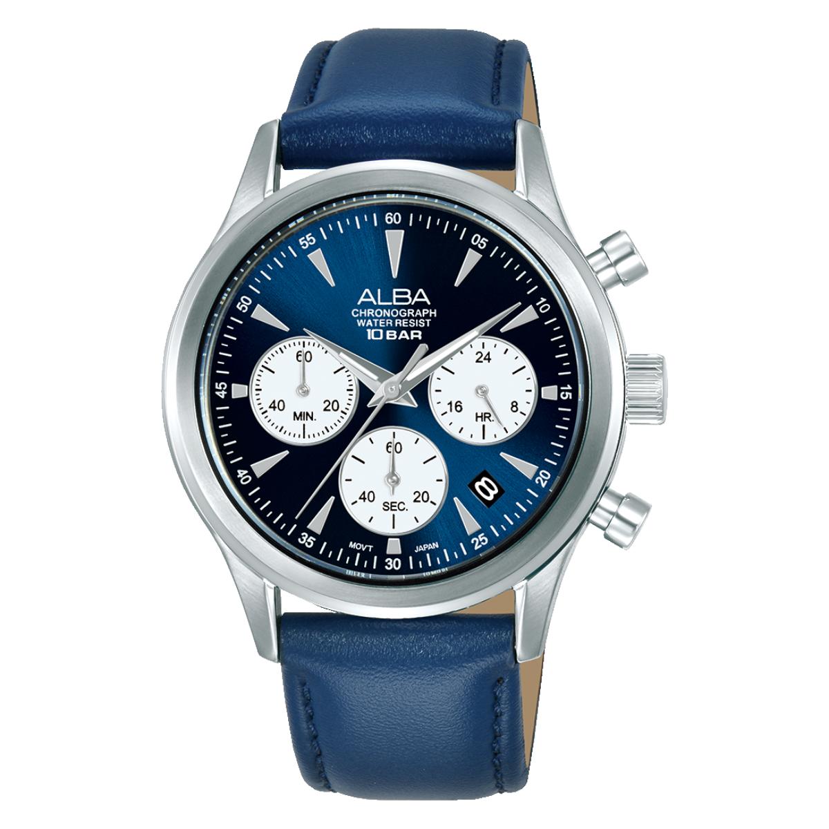Alba watch with blue leather strap and blue dial on a white background