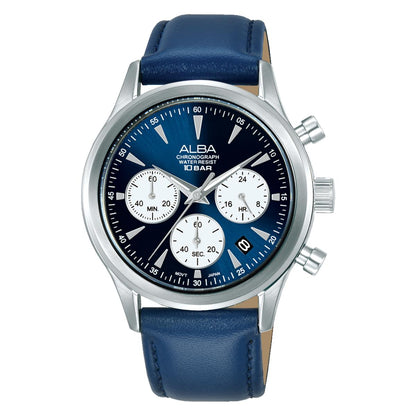 Alba watch with blue leather strap and blue dial on a white background