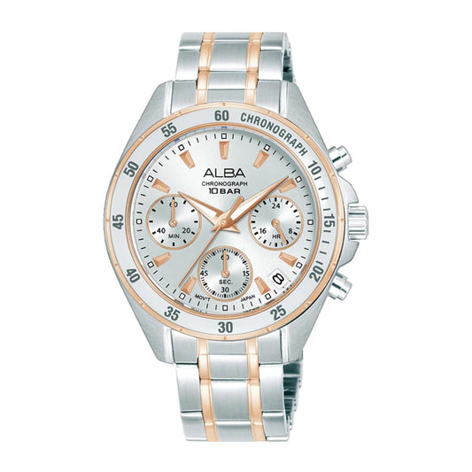 Silver and rose gold watch with 'Alba' branding on a white background
